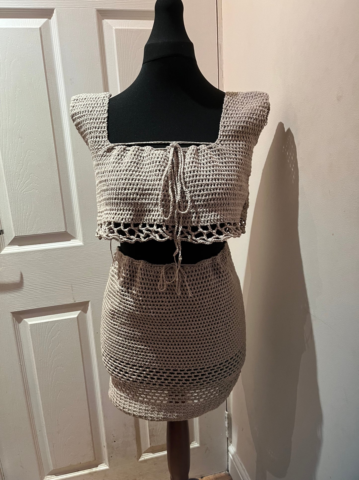 Beige handmade crochet top and skirt set