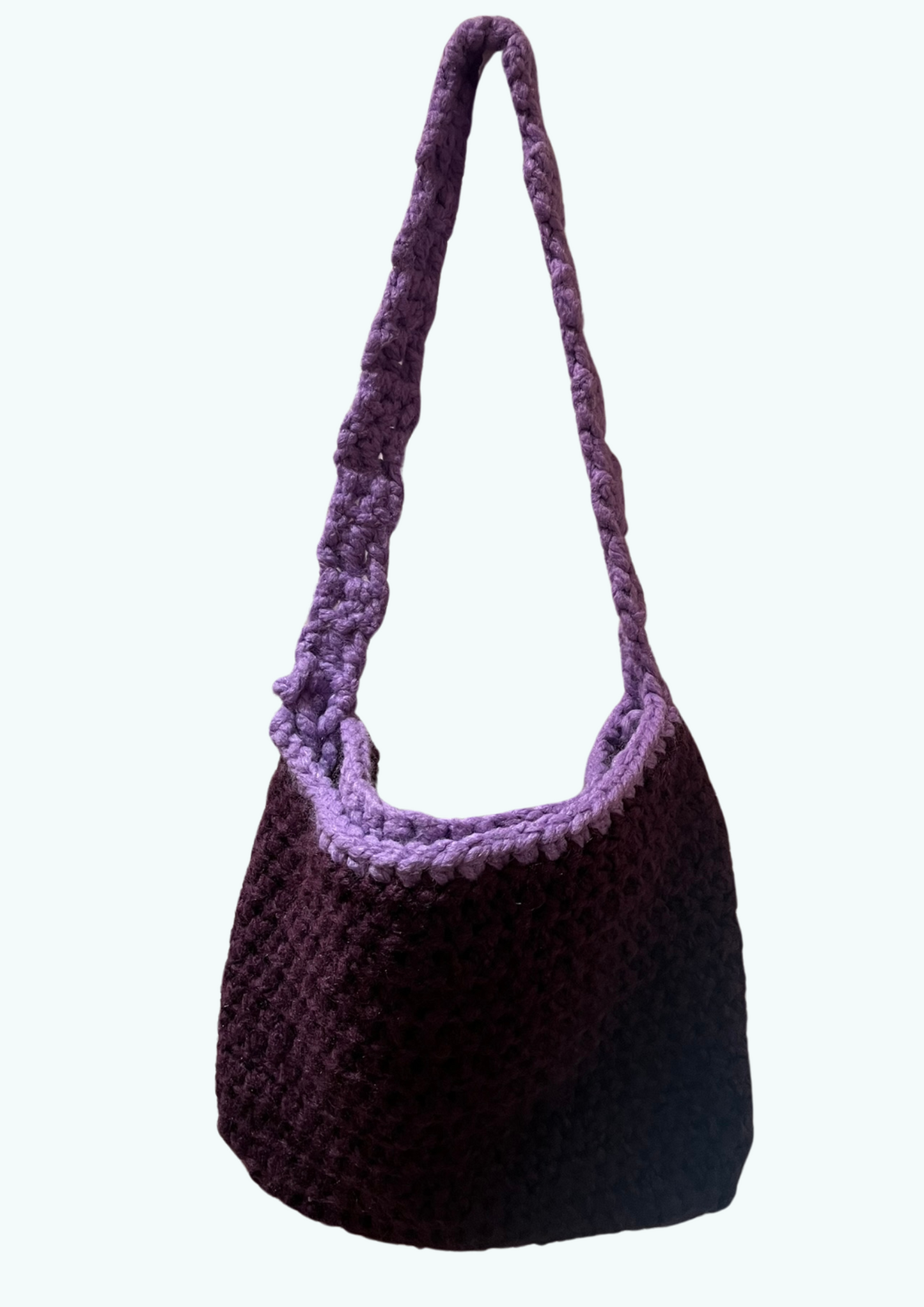 Large handmade crochet lilac shoulder bag.