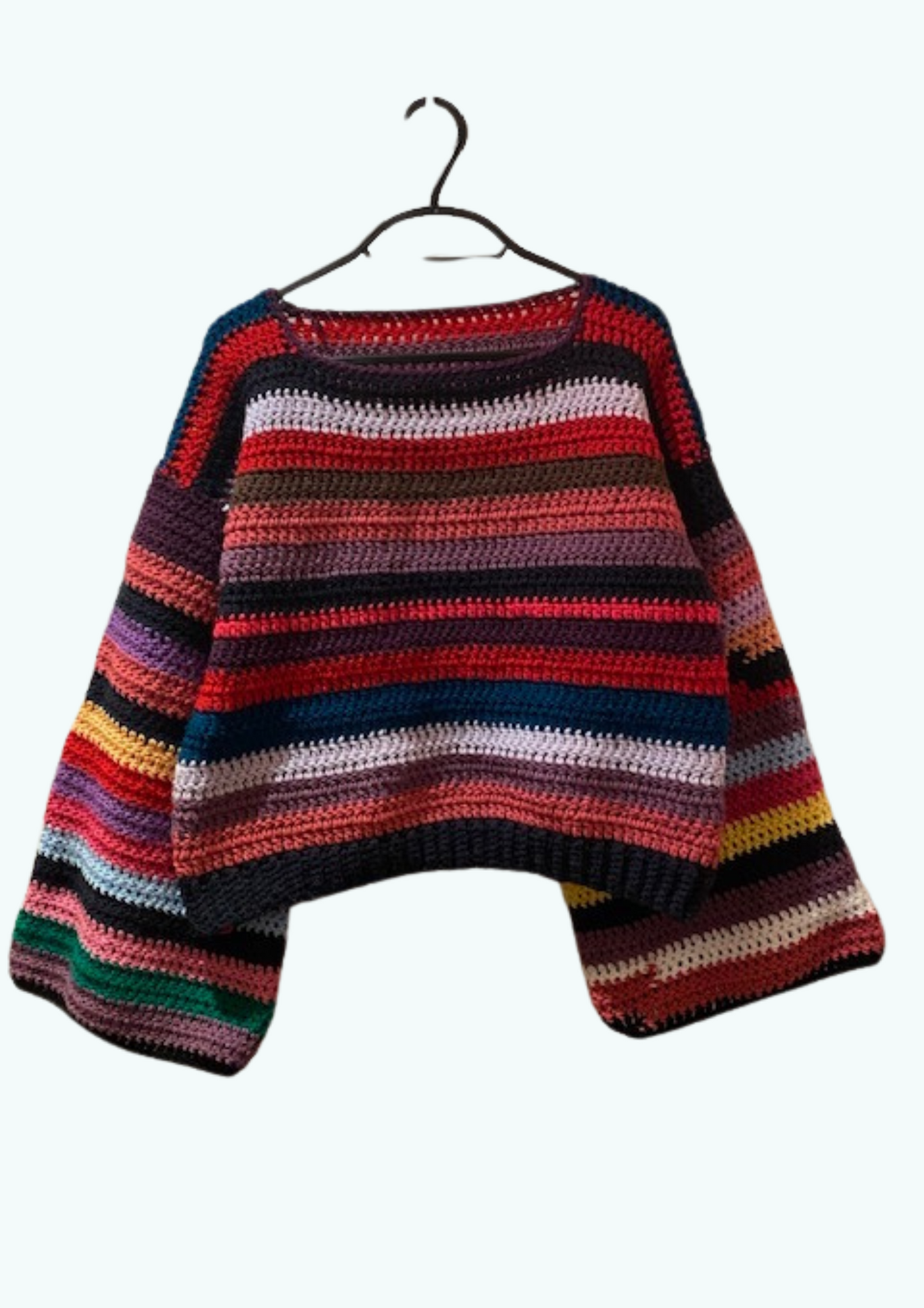 Hand made striped wide sleeved crochet sweater.