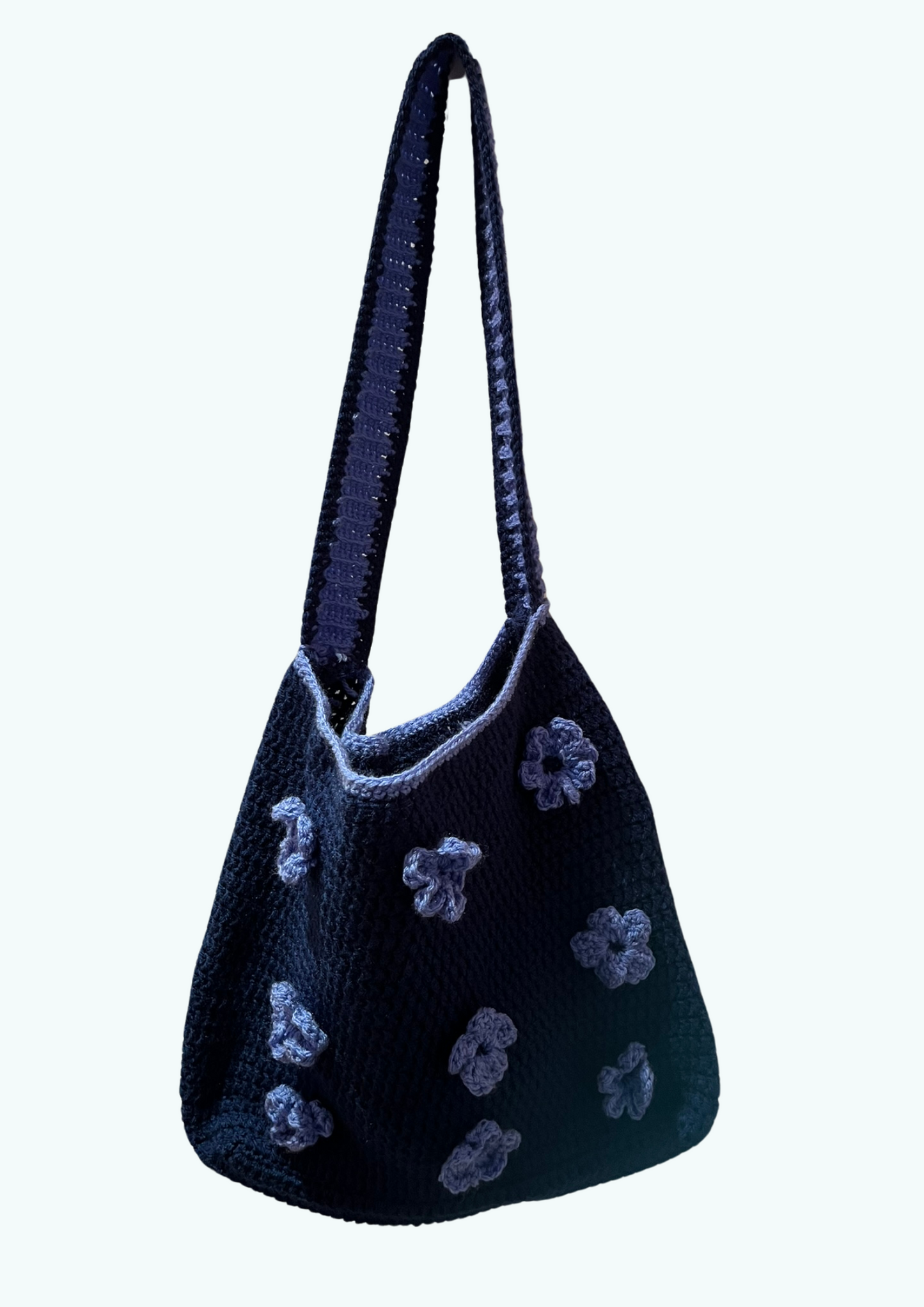 Handmade blue flowered crochet shoulder bag