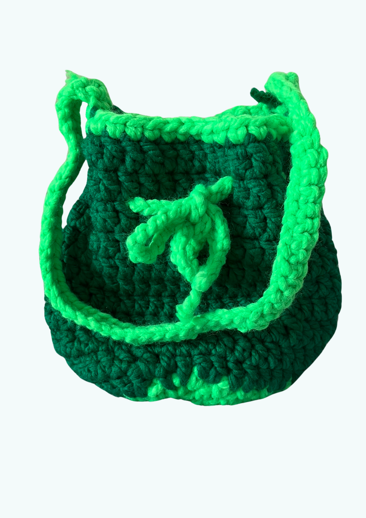 Handmade crochet green bucket shoulder bag.