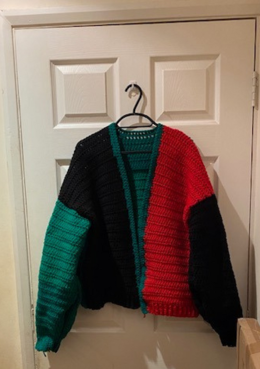 Handmade red black and green crochet cardigan