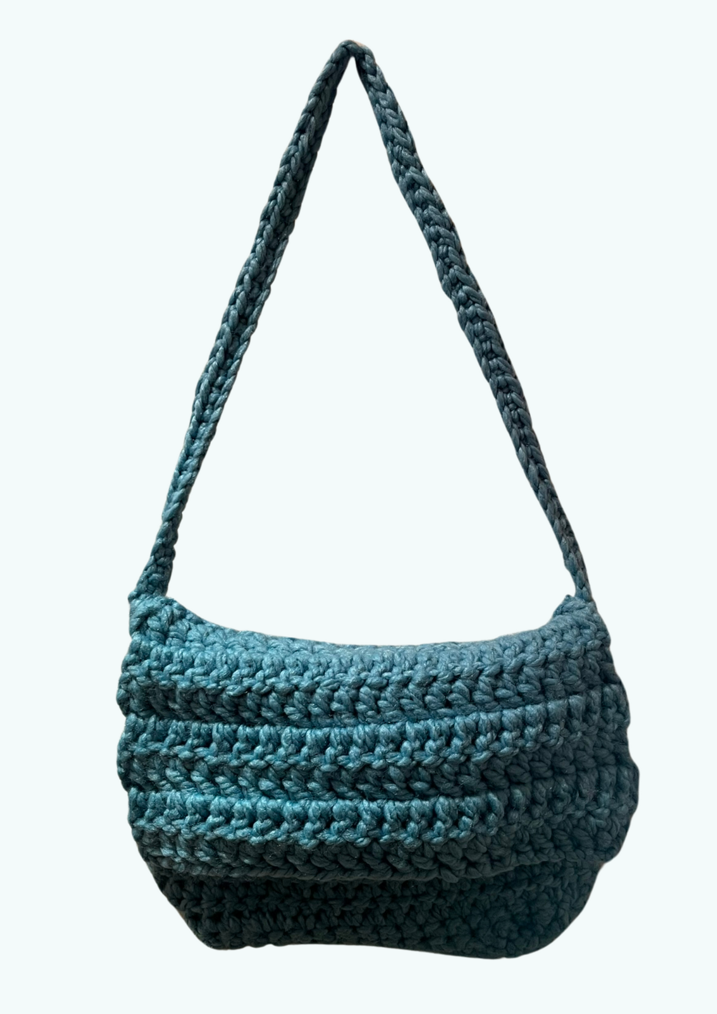 Handmade blue crochet flap over shoulder bag