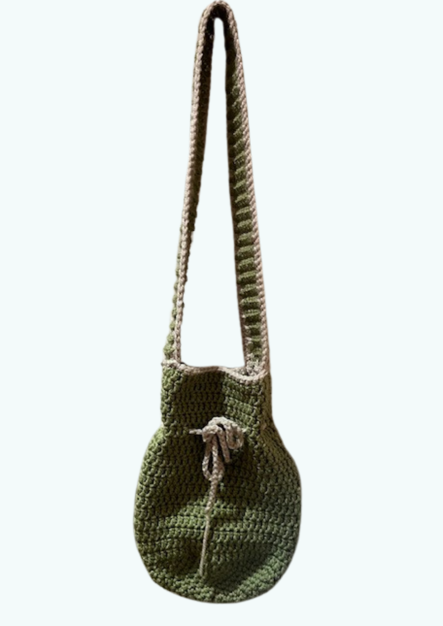 Hand crochet green bottle bag with beige trim