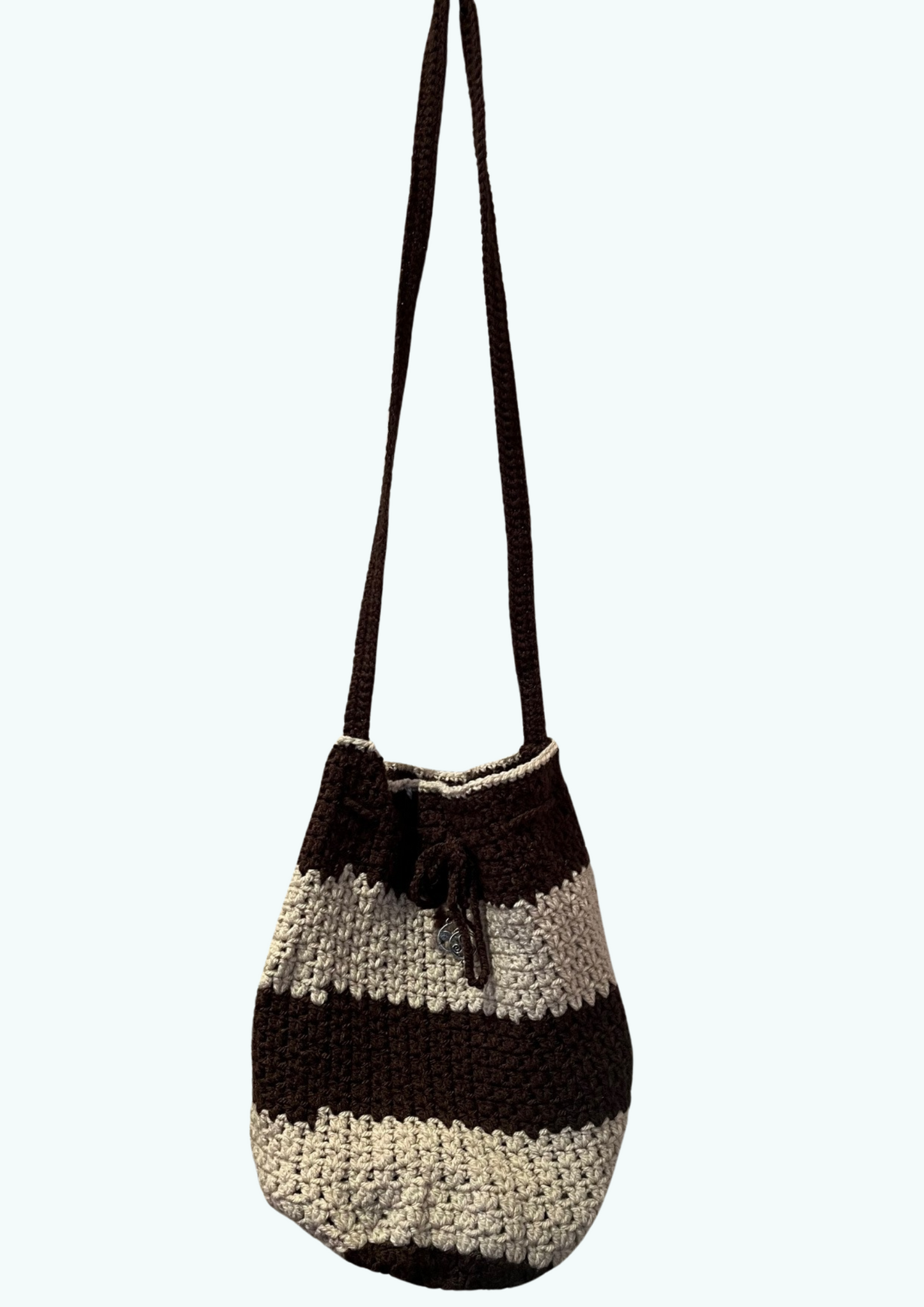 Handmade brown and beige crochet shoulder bucket bag