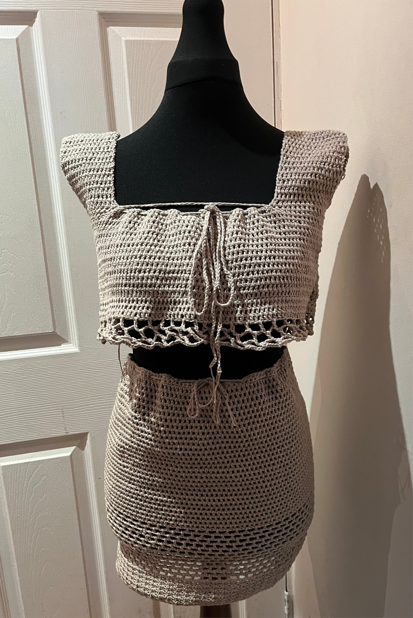 Beige handmade crochet top and skirt set
