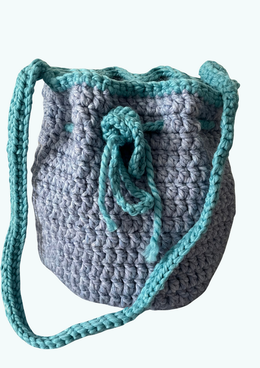 Handmade crochet blue and green bucket bag