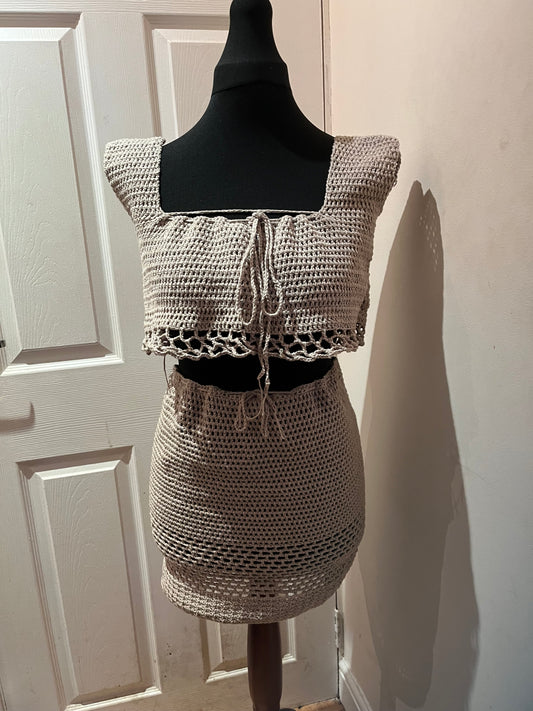 Beige handmade crochet top and skirt set
